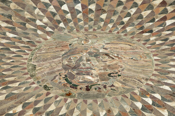 Unique medusa mosaic on the floor of the orchestra section of the music amphitheater in the Ancient City of Gölhisar, Burdur province