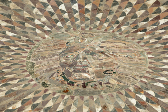 Unique medusa mosaic on the floor of the orchestra section of the music amphitheater in the Ancient City of G&ouml;lhisar, Burdur province