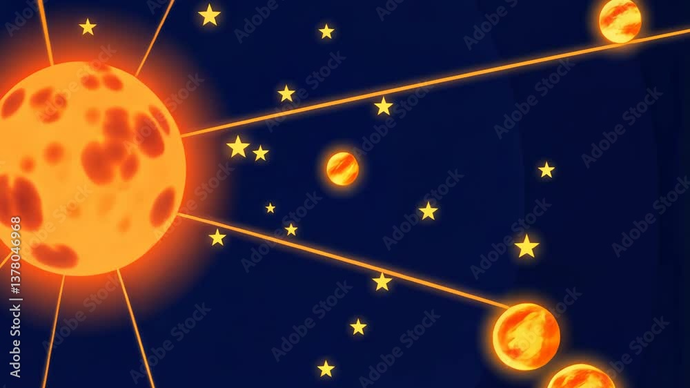 Poster a red and yellow sun with a blue background. there are stars in the background. there are also red a