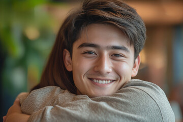 Portrait of grateful teenager man hug smiling middle-aged mother show love and care, thankful happy grown-up son in embrace cheerful mom, enjoy weekend family time at home together, bonding,
