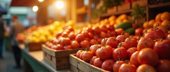A vibrant outdoor market stall showcasing an array of fresh fruits and vegetables captured beautifully at sunset.