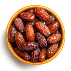 Dried dates in orange bowl, top view, white background (2)