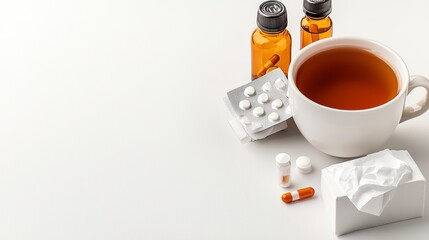 Warm Beverage with Medication and Herbal Remedies on White Surface