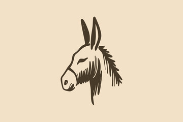 Minimalistic hand-drawn donkey head with bold brown lines on beige