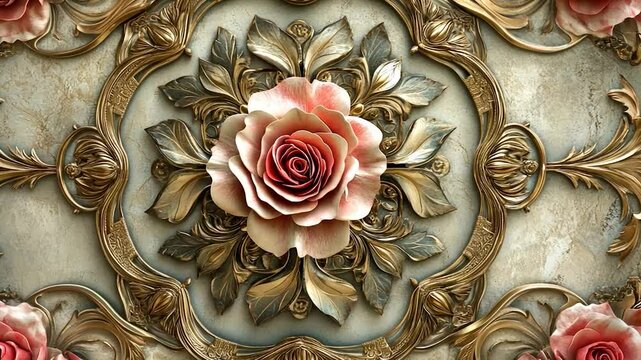 Intricate gold floral relief with central rose