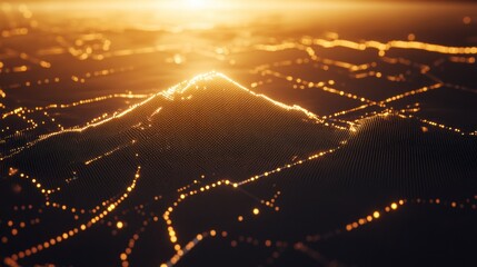 Golden Hour Mountain Landscape Abstract Digital Art with Glowing Points