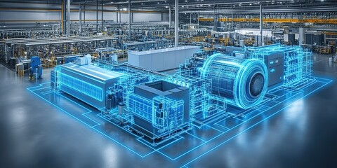 Advanced industrial facility showcasing digital twin technology in a manufacturing plant