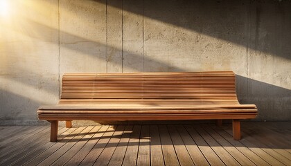 wooden bench under sunrays against concrete wall