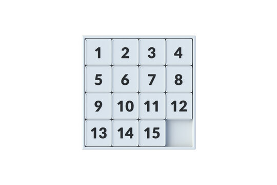 Single sliding fifteen puzzle isolated on white background. Pocket game. Logic toy for intellectual development. Top view. 3d render