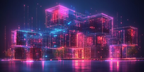 Fototapeta premium Digital cityscape with neon lights and futuristic architecture at night showcasing vibrant colors and intricate modern design