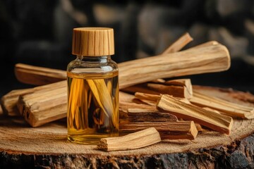 Sandalwood essential oil with its natural wood counterpart.