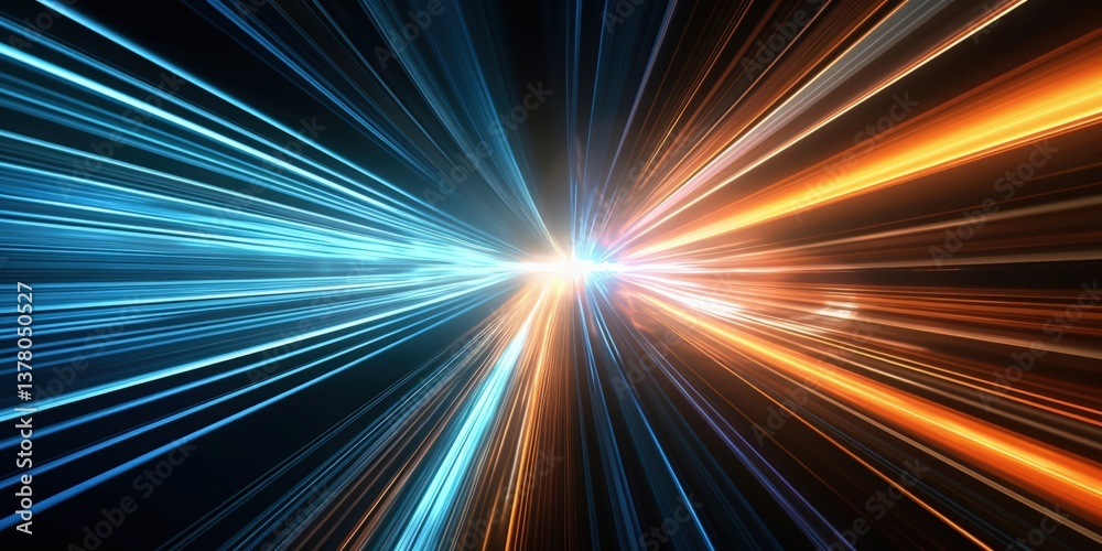 Poster 3d abstract fast moving lines. high speed motion blur. curved blue and red light path trail with bok