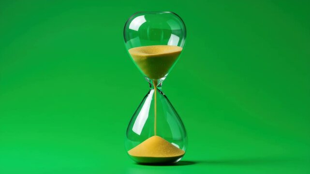 Classic glass hourglass with flowing yellow sand standing upright on green screen isolated with chroma key background.