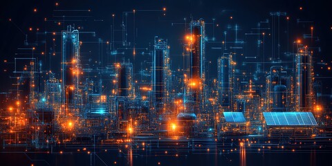 Digital skyline at night showcasing futuristic urban landscape with glowing lights and interconnected structures