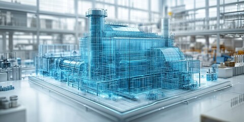 Obraz premium Complex industrial facility model showcasing detailed design and layout in a modern engineering environment