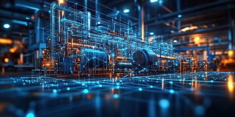 Fototapeta premium Industrial facility showcasing advanced technology and digital connections in a modern manufacturing environment at night