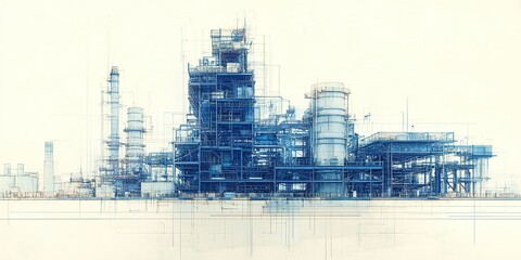 Industrial facility with complex structure and infrastructure situated on a clear day near the coast