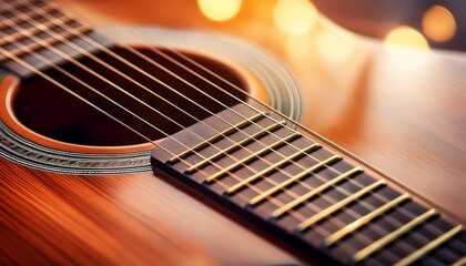 Fototapeta premium acoustic guitar bridge detail strings close up blurred background music website
