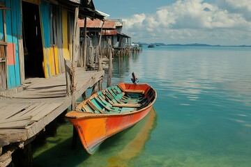 Obraz premium Vibrant Orange and Teal Boat Moored by Colorful Waterfront Shacks