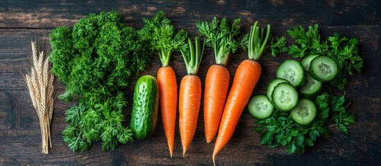 Fresh Carrot, Cucumber & Greens on Wooden Surface