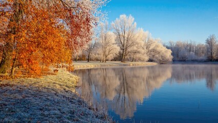 Obraz premium A serene lake surrounded by frozen trees, ideal for winter scenery or environmental stock photography