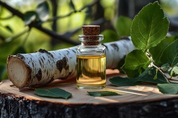 Essential oil and birch branches create a natural ambiance on a wooden surface.