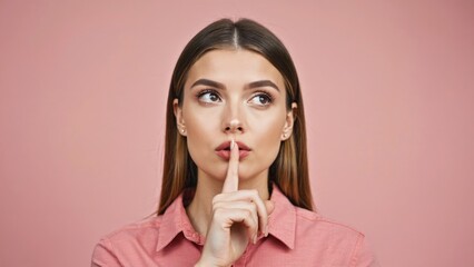 A woman is quieting someone with her finger on her lips, indicating secrecy or confidentiality