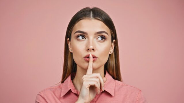 A woman is quieting someone with her finger on her lips, indicating secrecy or confidentiality