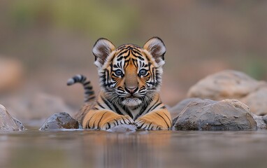 Adorable Tiger Cub in Rocky Stream