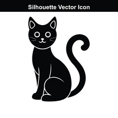 Black and white cat sitting on a black background in a simple vector illustration