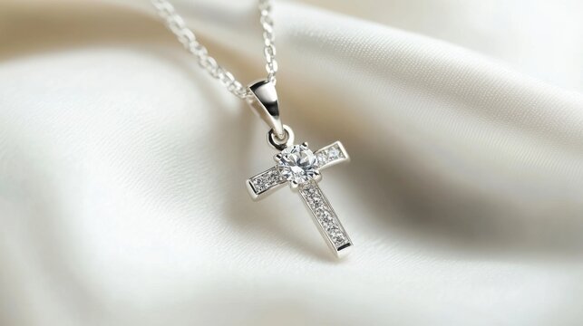 A simple platinum cross pendant with a sparkling diamond, resting against a soft white background.