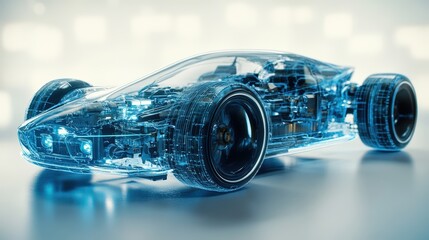 Futuristic electric vehicle design showcasing transparent technology and intricate internal components