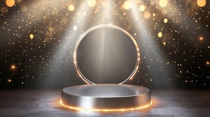 Silver podium designed for showcasing products with a modern aesthetic. 