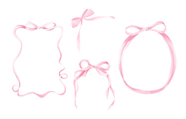 Watercolor bow frame collection featuring coquette style ribbons in blush tones, ideal for cute card designs, decorative borders, and digital crafts.