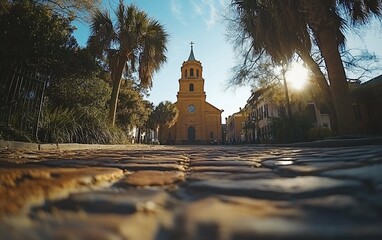 Naklejka premium Cobblestone Street Historic Church Charleston