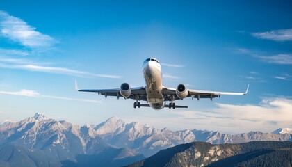 a large jet plane is flying through the sky above a mountain range