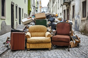 Heap of discarded household items and furniture on cobblestone street during bulk waste collection. AI generated illustration.