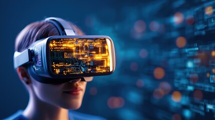A person wearing a virtual reality headset with a circuit pattern overlay in a futuristic environment.
