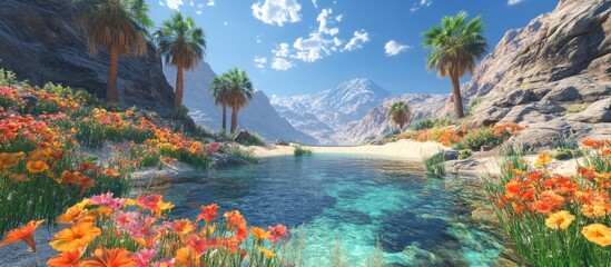 Desert Oasis with Flowers and Mountains