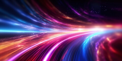 a long path of lights on a dark background, Glowing neon lights on a dark background. Suitable for nightlife, party, music, technology, or futuristic themed designs and