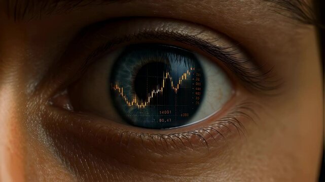 Eye reflecting a glowing stock market chart in its pupil, close up macro shot illustrating financial analysis, intense focus on market data, trading concentration, or investment vision and foresight