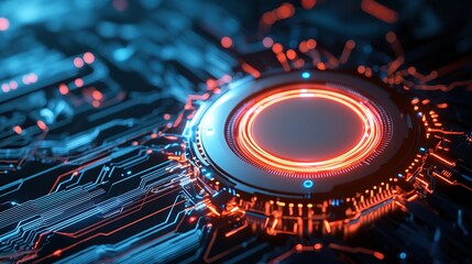 Close-up of a futuristic circuit board with glowing elements and a central circular component.