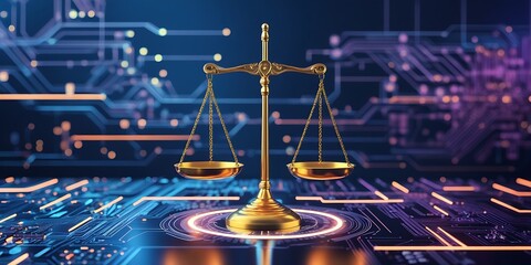 Digital graphic of golden scale of justice over technological interface. Modern concept of fair employment law compliance. Image highlights digital balance between workers, employers. 