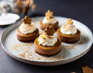 closeup of individual brown sugar cheesecakes topped with whipped cream crushed ginger cookies and a hint of lemon zest