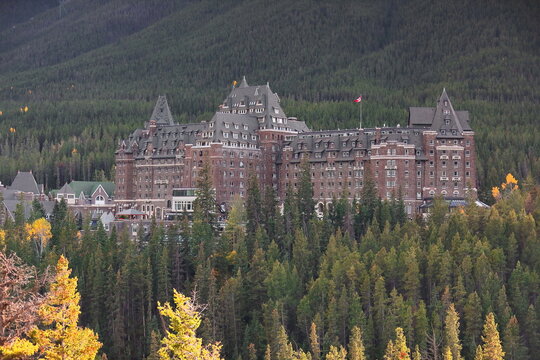 The historic Banff Springs Hotel opened in 1888 (current buildings dating from 1911-1928) at the foot of Sulphur Mountain. Banff-Alberta-Canada-086