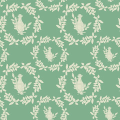 Colored vector pattern on a green background with a wreath of olive branches and a bottle of oil. Hand-drawn graphics.Seamless vector pattern with ink hand drawn olive tree twigs.