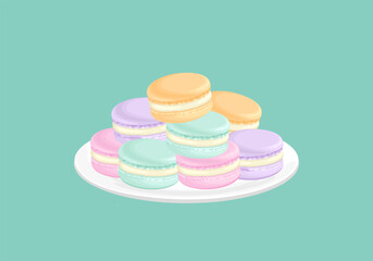 Macaron cookies heap on plate. Vector cartoon illustration of colorful French dessert.