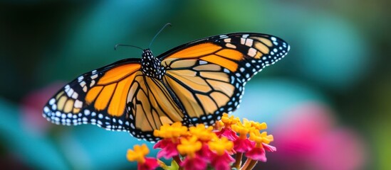 Fototapeta premium A beautiful butterfly is resting on colorful vibrant flower petals
