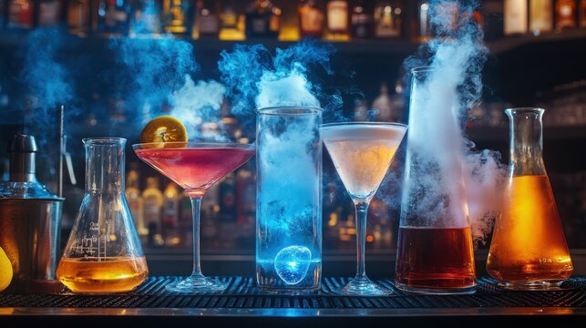 A set of creative molecular cocktails with smoke effects, served in glass flasks and beakers, with a futuristic bar setting