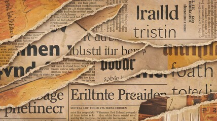 A vintage-style background made of torn newspapers. The newspaper clippings have varying text sizes, headlines, and aged paper textures.